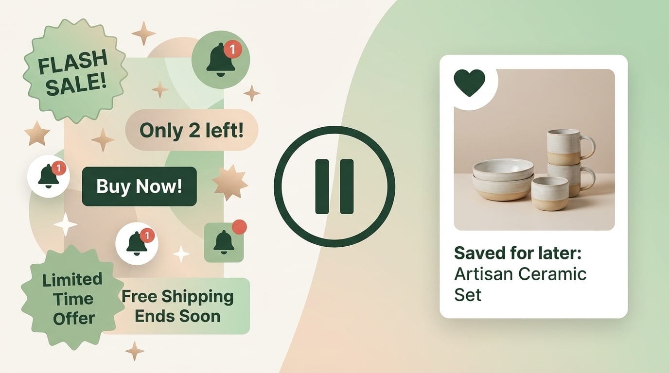 Illustration of online shopping urgency on the left and a calm pause with a saved item on the right.